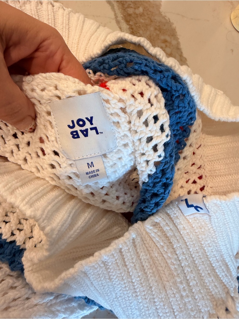 JoyLab White Open-Knit V-Neck Sweater with Red and Blue Stripes - Picture 3 of 3